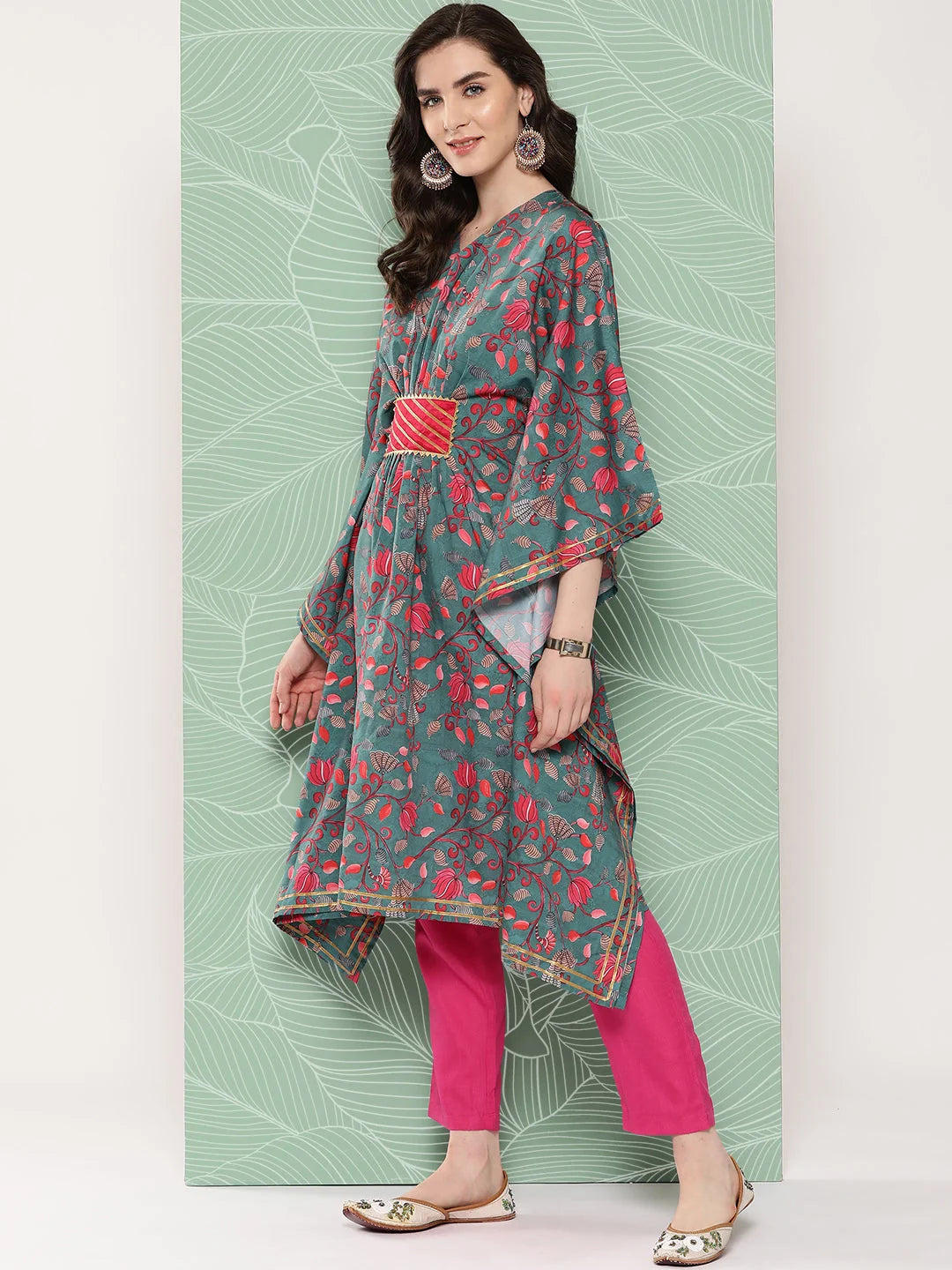 Green & Pink Floral Kaftan Kurta: Resort Wear Kaftans Online
