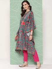 Green & Pink Floral Printed Gotta Patti Kaftan Kurta-AHKFCRDP-6068-ICH