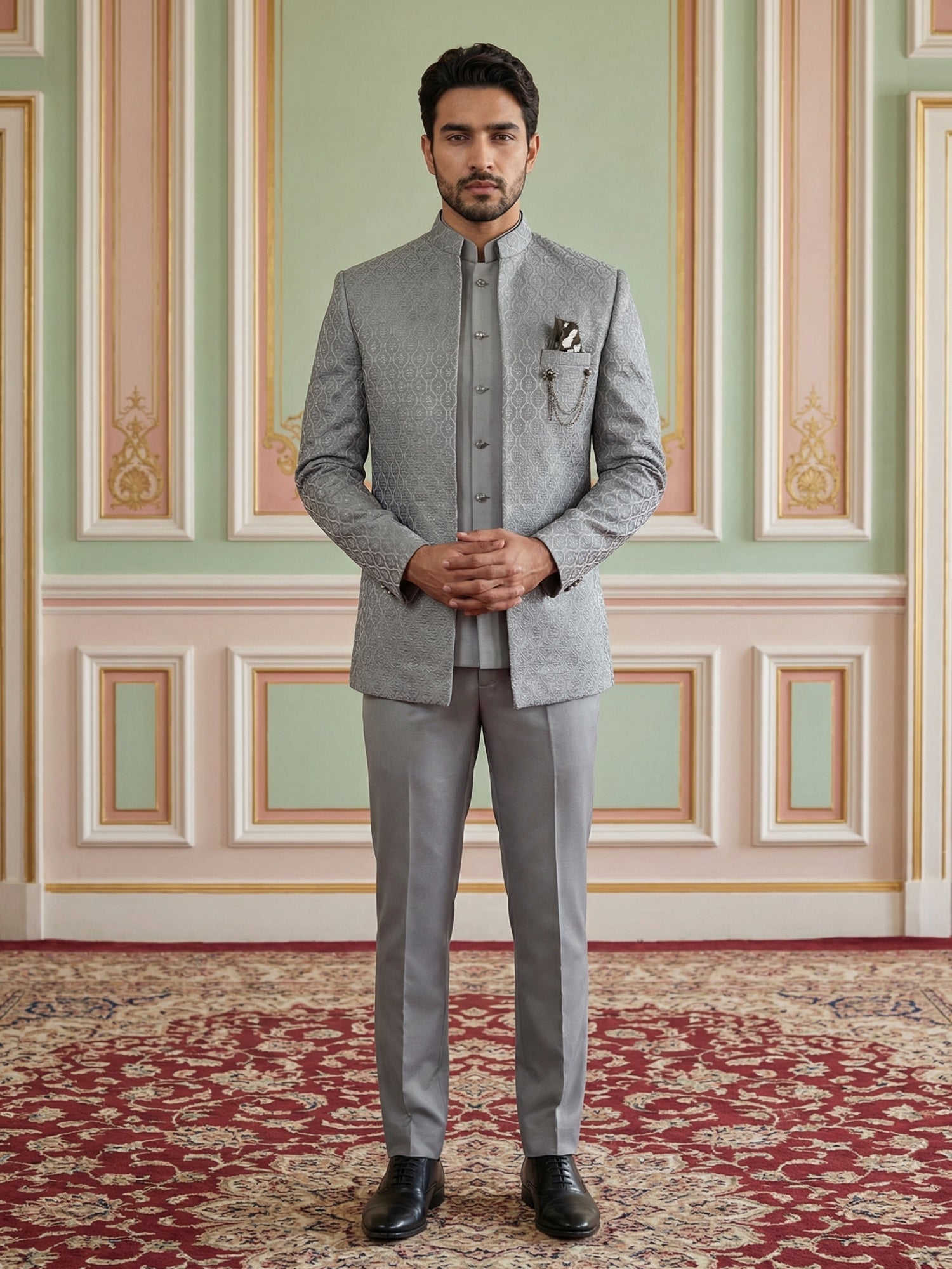 DesiQlo Men Self Design Indo Western Set - Grey - 50JIND_155Grey_S