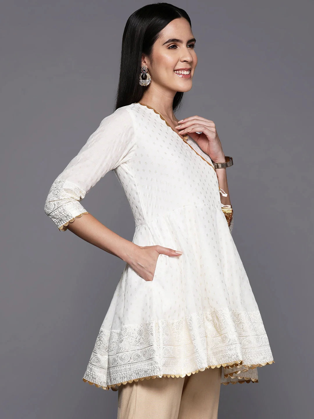 Gold Printed Ethnic Tunic Top - Chanderi Indian Kurtis Online