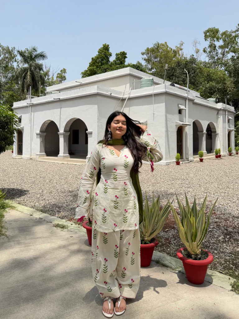 Off White Floral Printed Cotton Kurta Palazzo Set with Olive Green Dup
