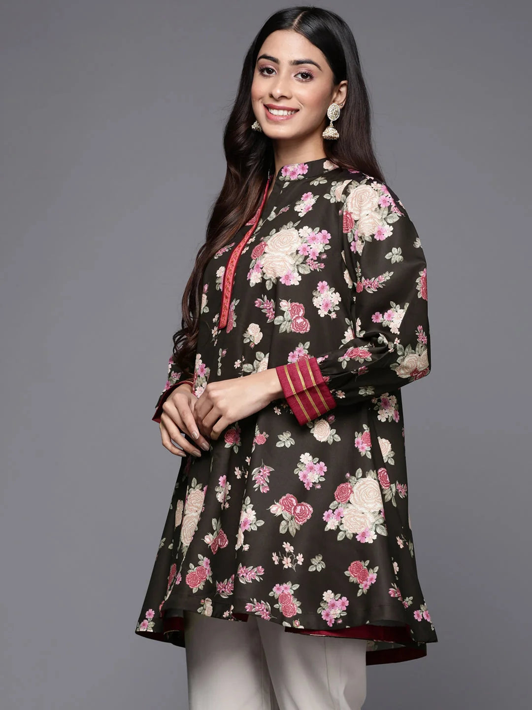 Black Floral Print Tunic Top - Stylish Indian Kurta for Women