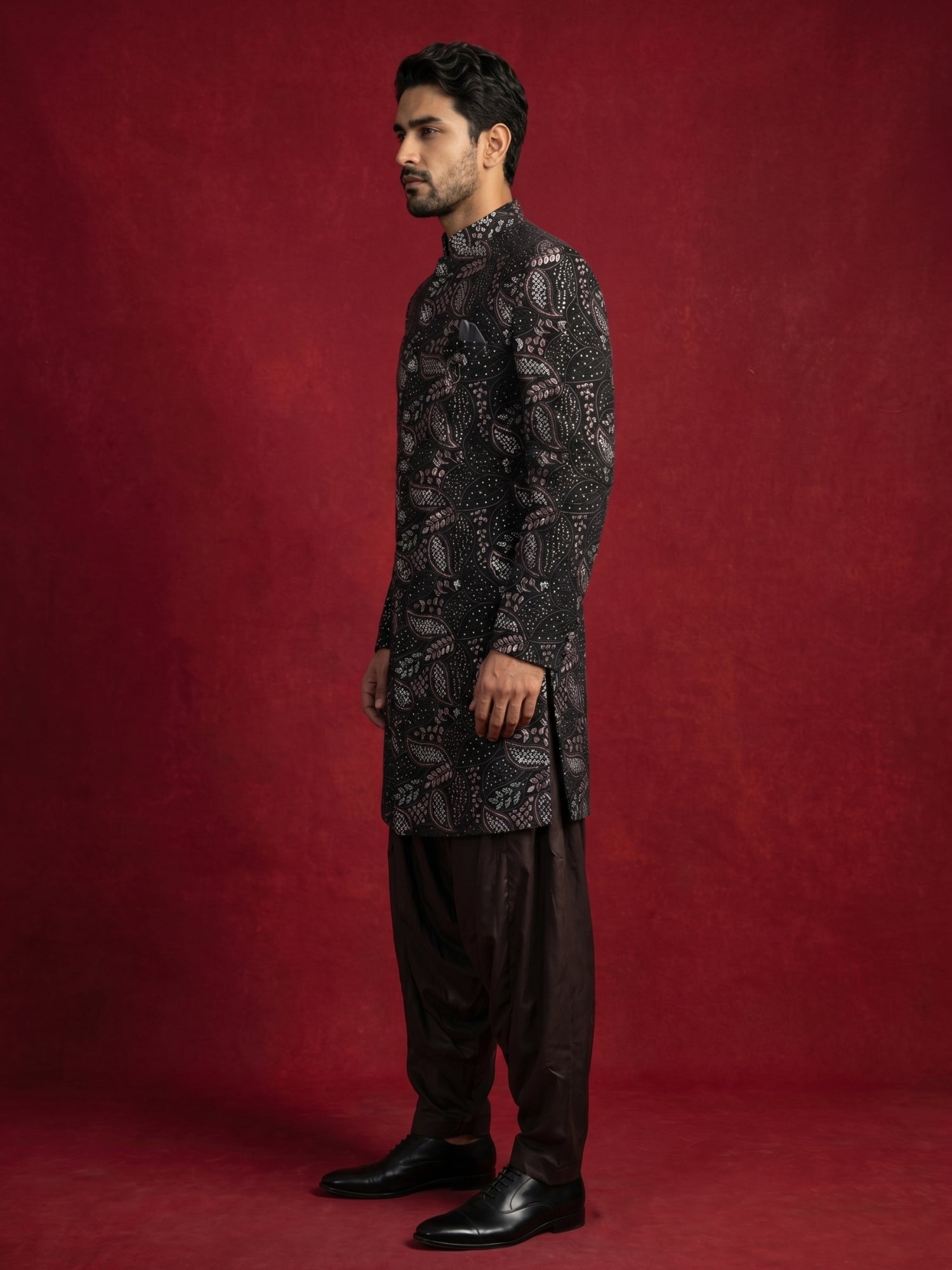 DesiQlo Men Embroidered Indo Western Set - Black - 50JIND_194Black_S