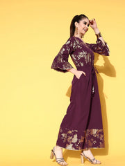 Burgundy & Gold-Toned Printed Ethnic Jumpsuit With Waist Tie-Ups-AHJSCRFP-35