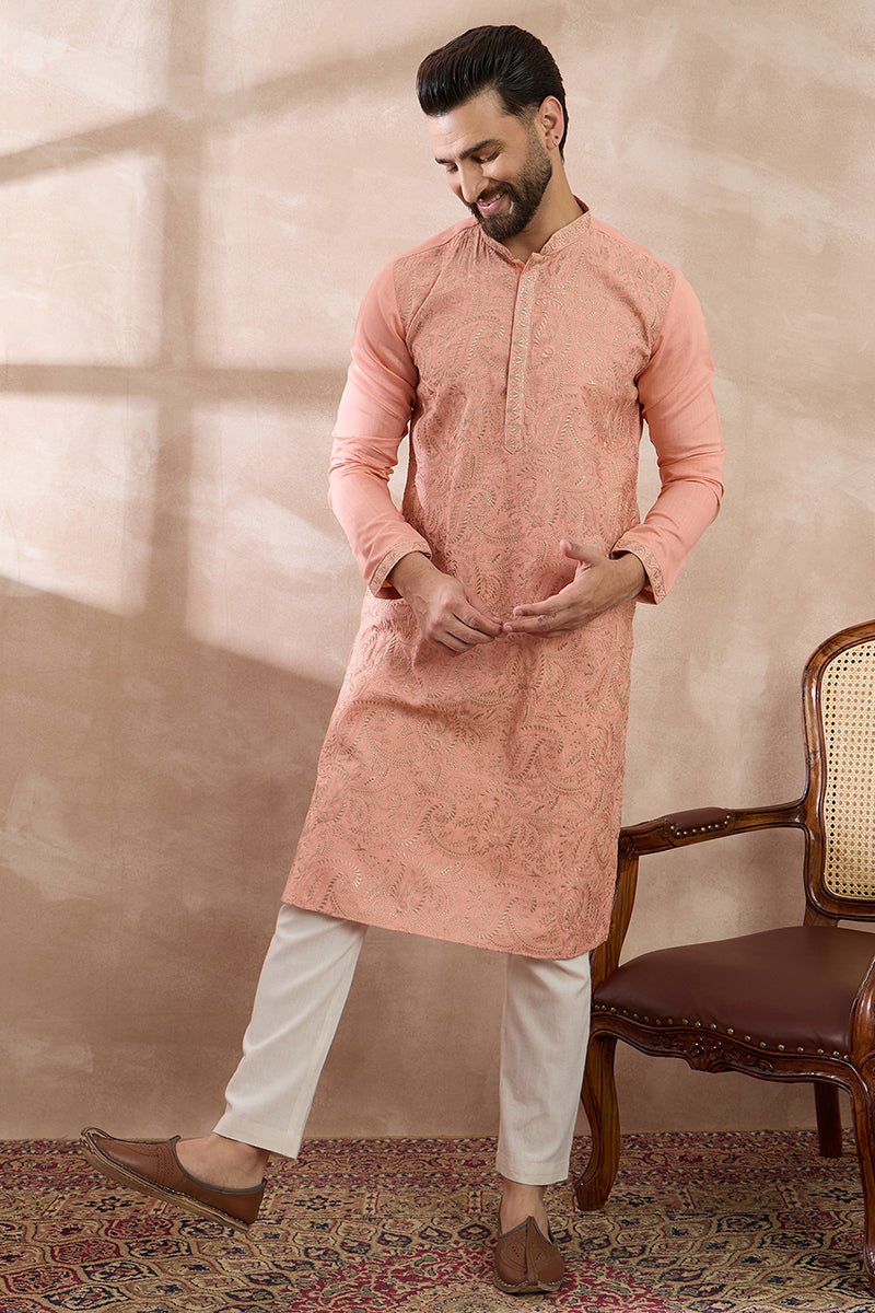 Peach Silk Blend Embroidered Mandarin Collar Straight Kurta MKU2045