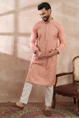 Peach Silk Blend Embroidered Mandarin Collar Straight Kurta MKU2045