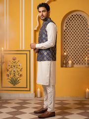 Men's Navy Blue Printed Nehru Jacket With Solid Kurta Pyjama ( JOKPWC 592W 4032Navy )