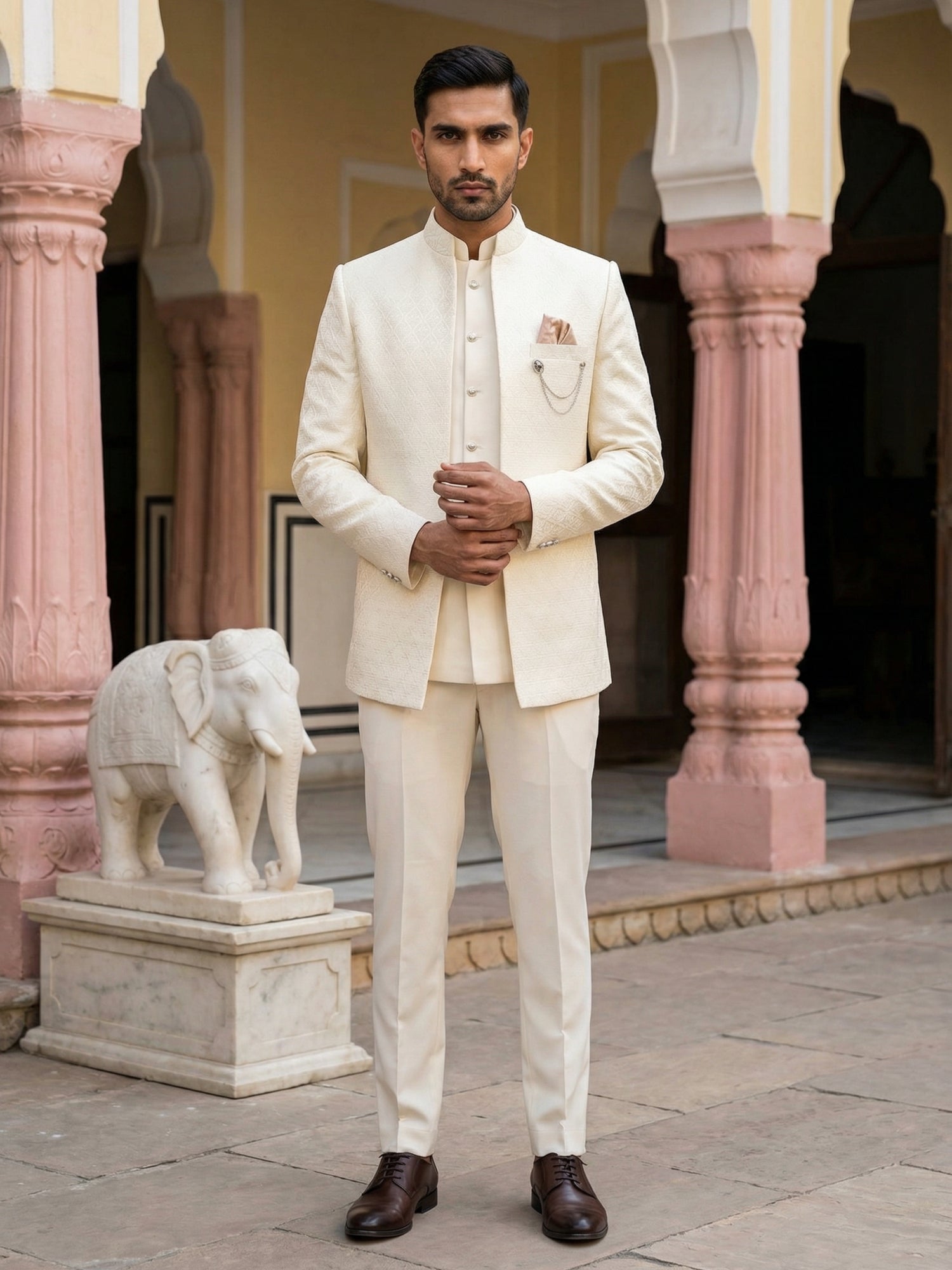 DesiQlo Men Self Design Indo Western Set - Beige - 50JIND_155Cream_S