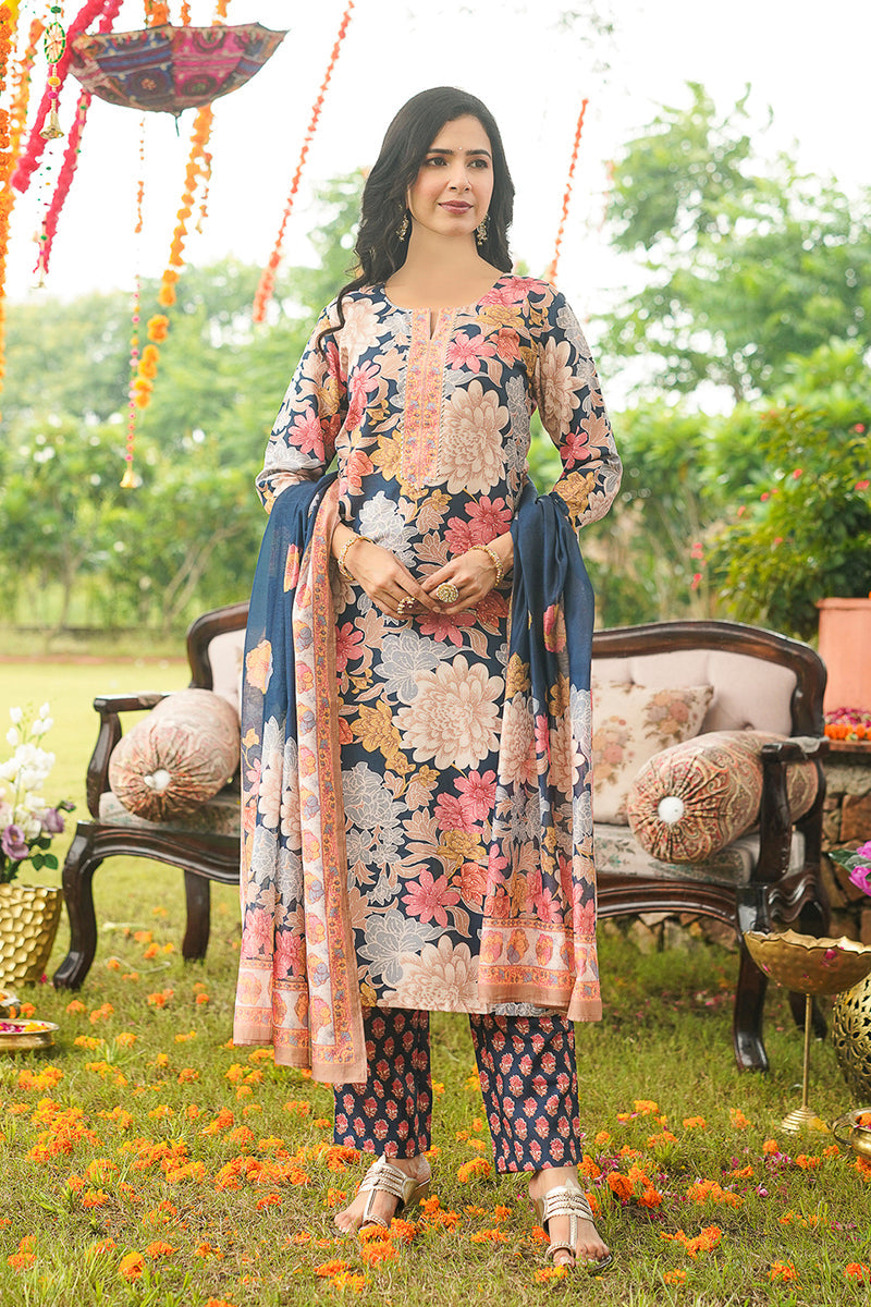 Blue Rayon Blend Floral Printed Straight Kurta Trousers With Dupatta VKSKD2415