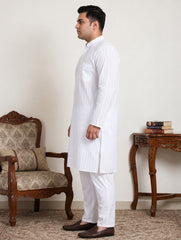 Men's Cotton Striped Kurta Pyjama Set ( JOKP P 5207White  )