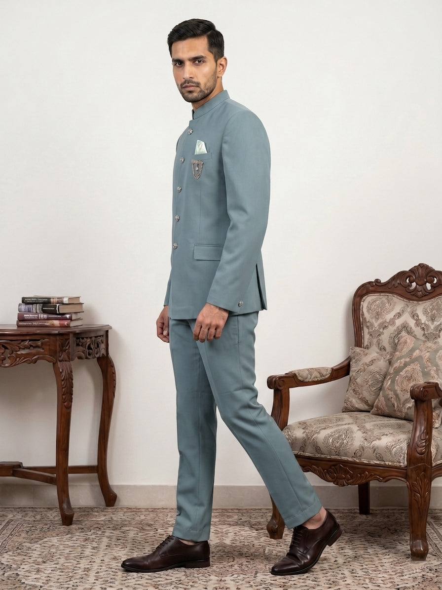 DesiQlo Men Solid Indo Western Set - Blue - 50JIND_210Sky_S