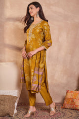 Mustard Silk Blend Floral Printed Straight Kurta Trouser With Dupatta PKSKD3217