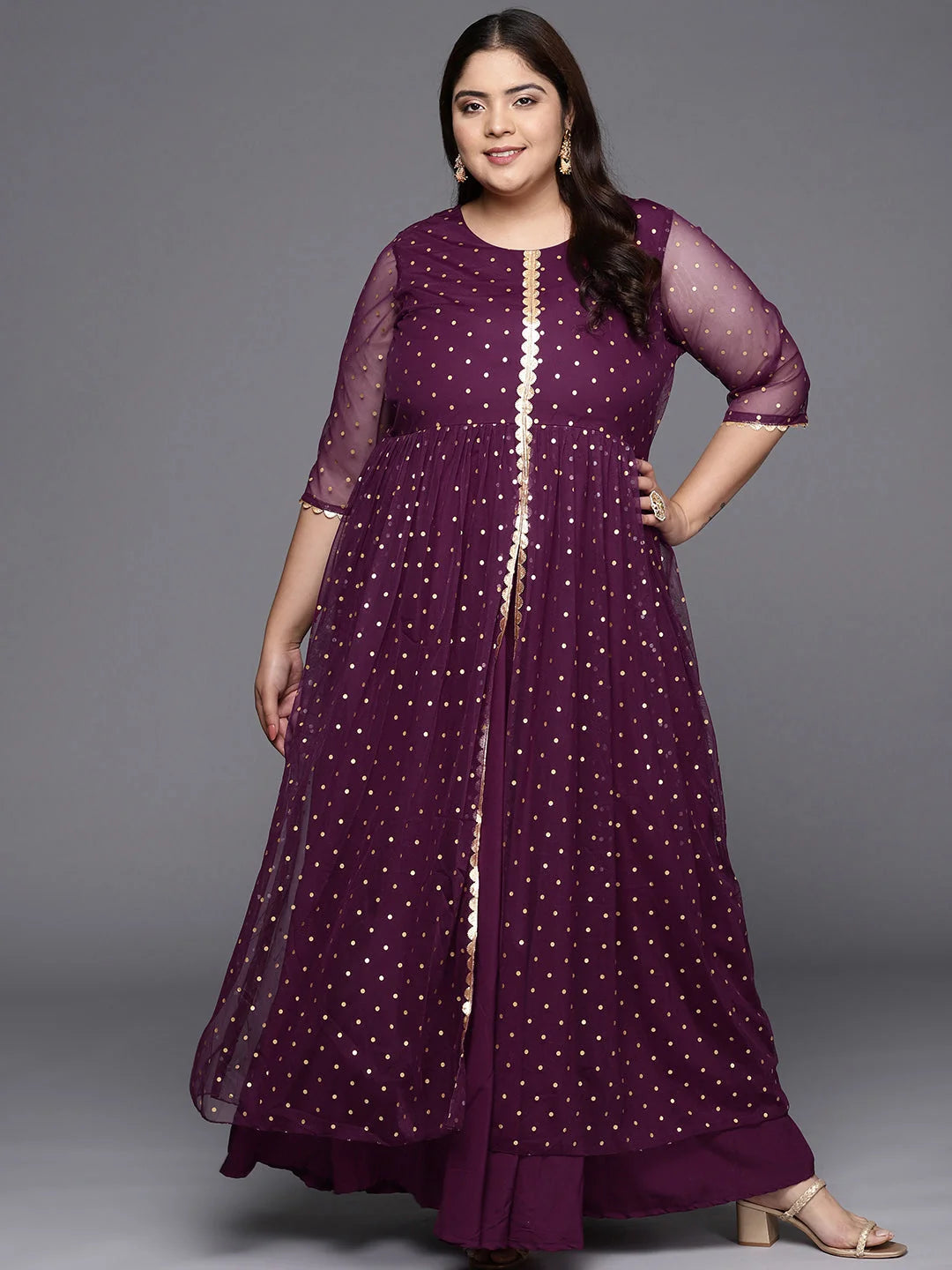 Burgundy & Gold Polka Dot Plus Size Indian Dresses Online