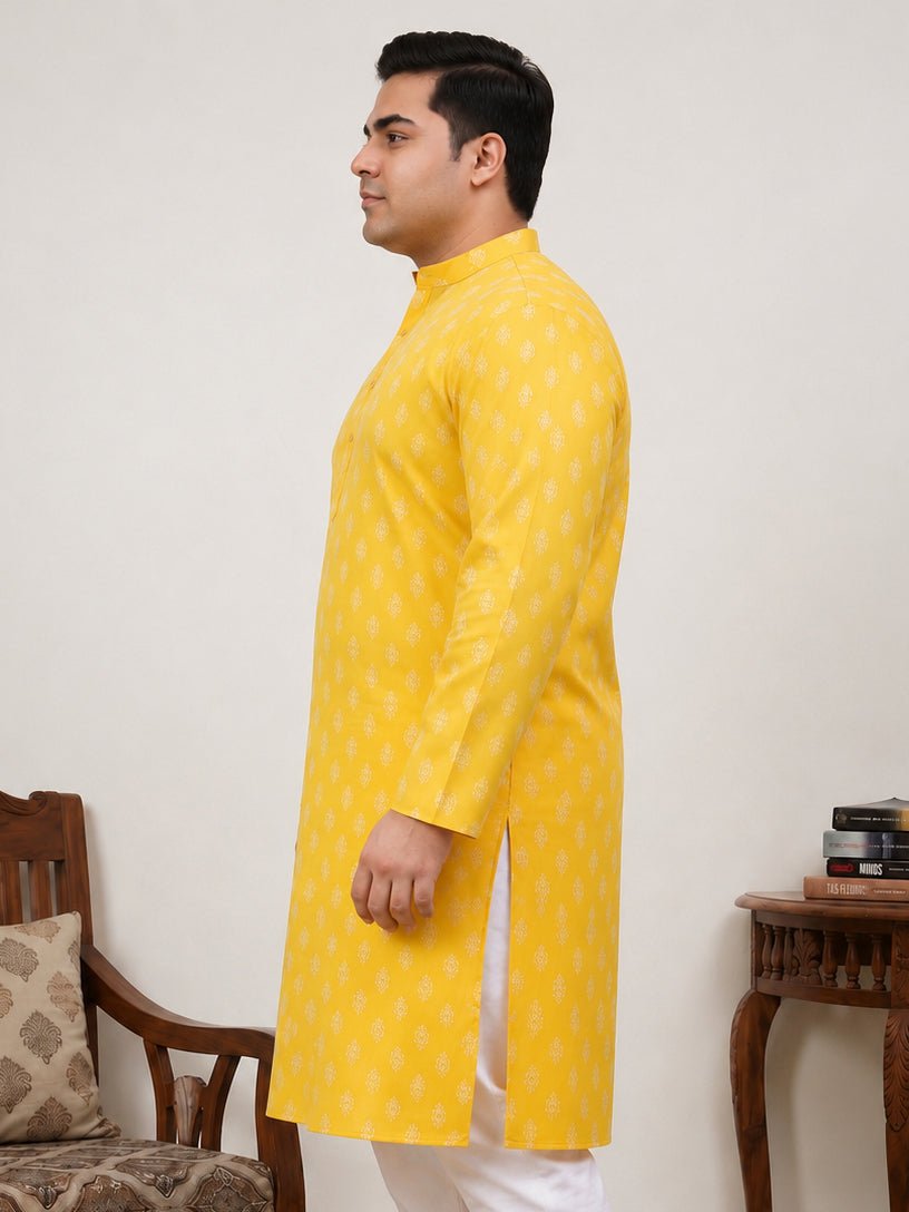 DesiQlo Men Printed Kurta Only - Yellow - KO_650Lemon_3XL