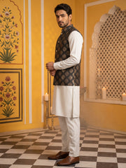 Men's Black Printed Nehru Jacket With Solid Kurta Pyjama ( JOKPWC 592W 4032Black )