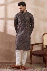 Black Silk Blend Printed Mandarin Collar Straight Kurta With Trouser MKSET2116