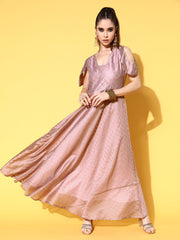 Rose Gold Chanderi Cold-Shoulders Printed Maxi Ethnic Dress-AHEDCHGP-138