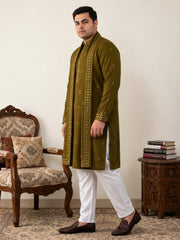 Embroidered & Sequin Kurta Pyjama With Dupatta ( JOKP D 5088Olive  )