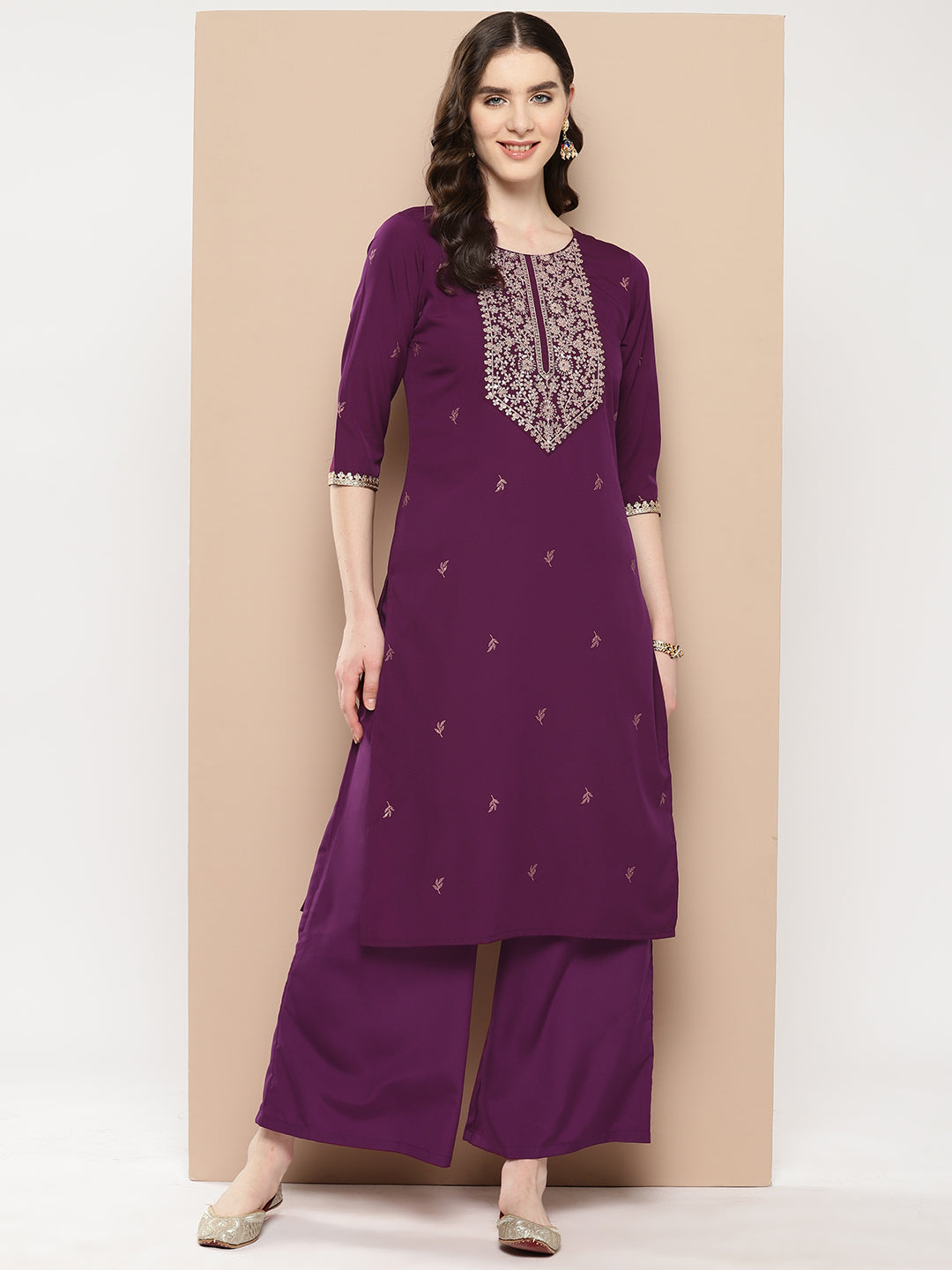 Burgundy Floral Printed Kurta Palazzo Set - Stylish Women's Ou...