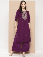 Burgundy Floral Yoke Design Kurta with Palazzos-AHKUPZ-COMBO-761-ICH