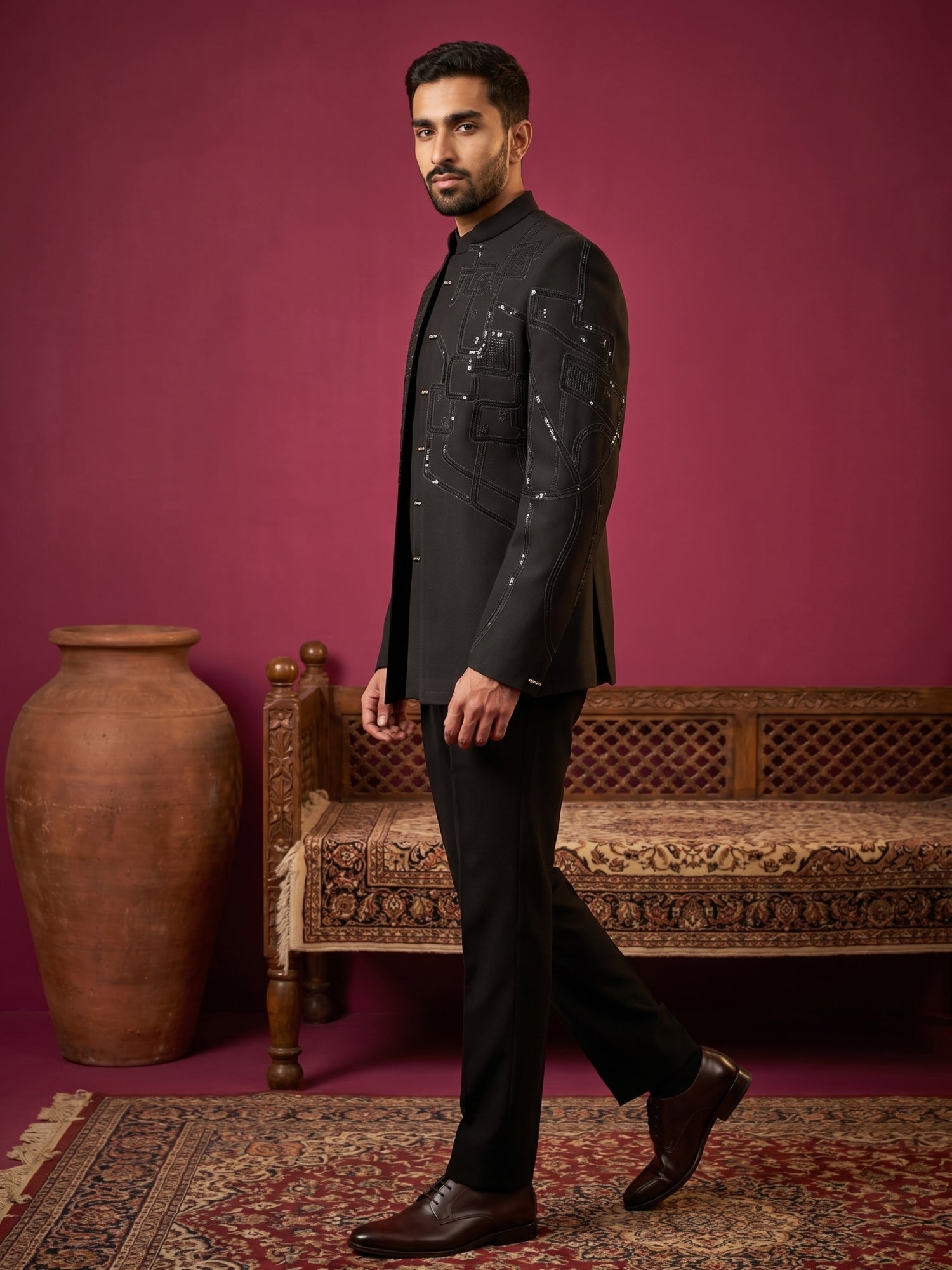 DesiQlo Men Embroidered Indo Western Set - Black - 50JIND_212Black_S
