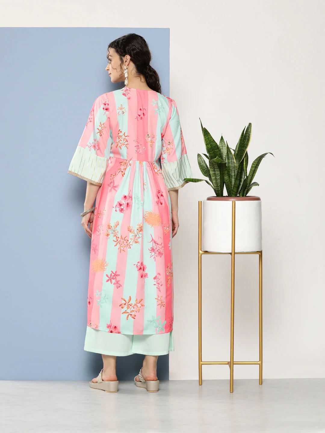 Floral Kurta Palazzo Set - Pink & Blue Gotta Patti | Women's Set