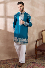 Blue Silk Blend Embroidered Mandarin Collar Straight Kurta MKU2017