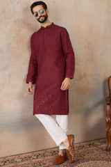 Maroon Silk Blend Solid Emboidered Straight Kurta With Trouser MKSET2289