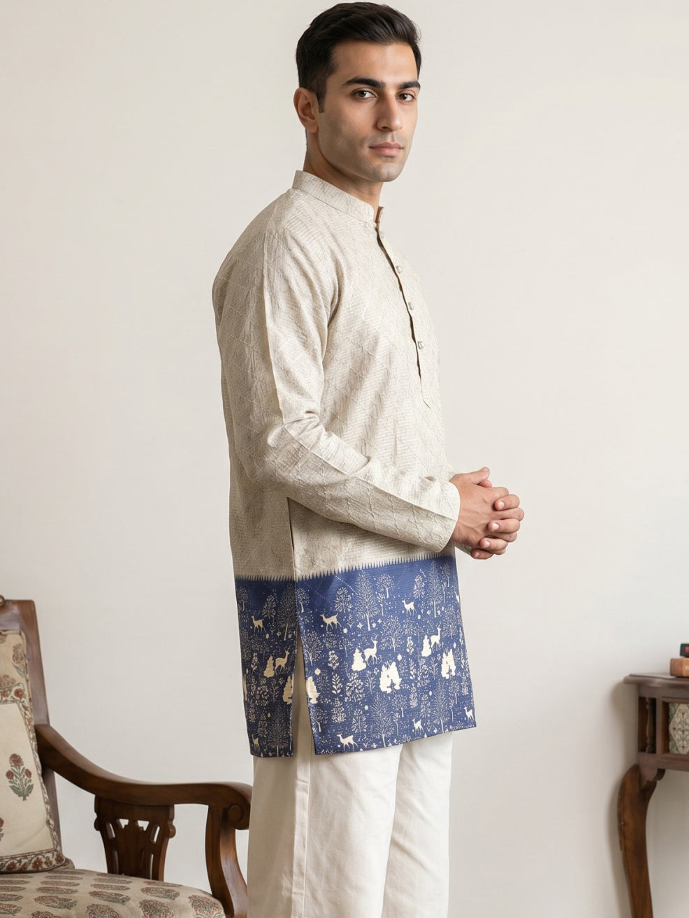 DesiQlo Men Printed Kurta Only - Beige - 65KO_5591Beige_S