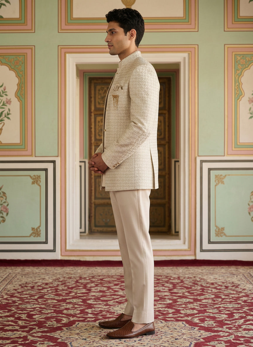 DesiQlo Men Embroidered Indo Western Set - Beige - 50JIND_131Cream_S