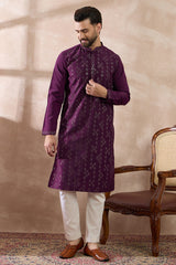 Purple Silk Blend Embroidered Mandarin Collar Straight Kurta MKU2078