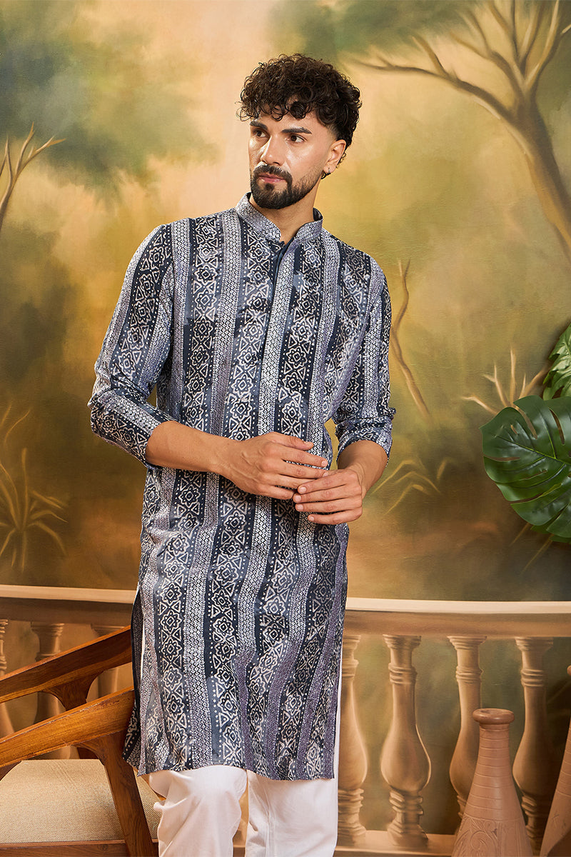 Blue Viscose Rayon Batik Embroidered Straight Kurta MKU1481
