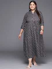 Black & White Plus Size Chevron Print Midi Ethnic Dress-AP-AHKUCRKH-875