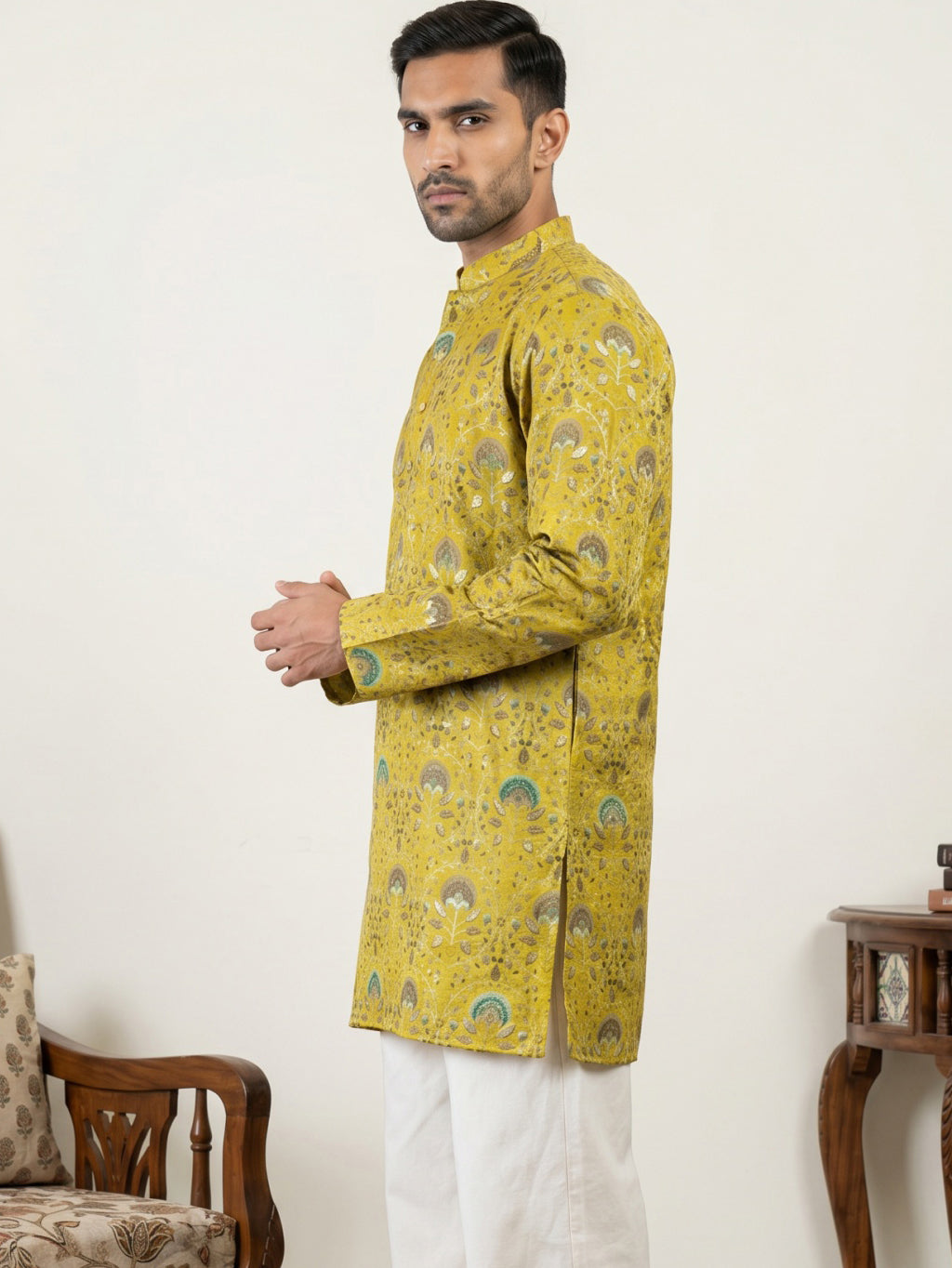 DesiQlo Men Printed Kurta Only - Yellow - 65KO_5587Mustard_S