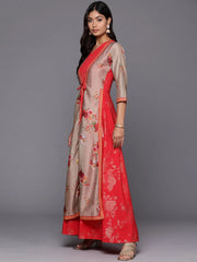 Red & Tan Floral Print Layered A-Line Maxi Dress-AHEDCRSM-213