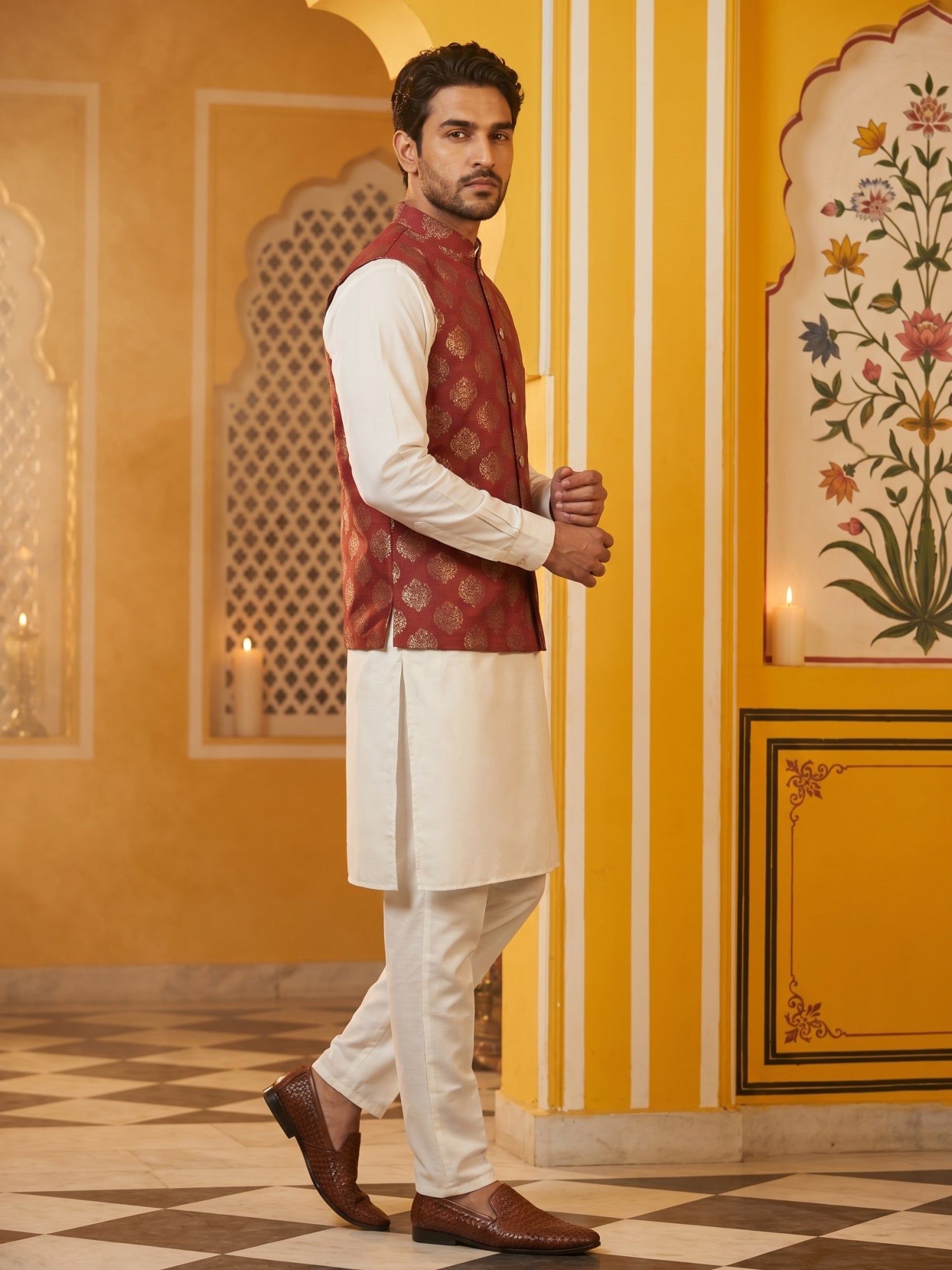 DesiQlo Men Printed Nehru Jacket and Kurta Pyjama Set - - JO maroon