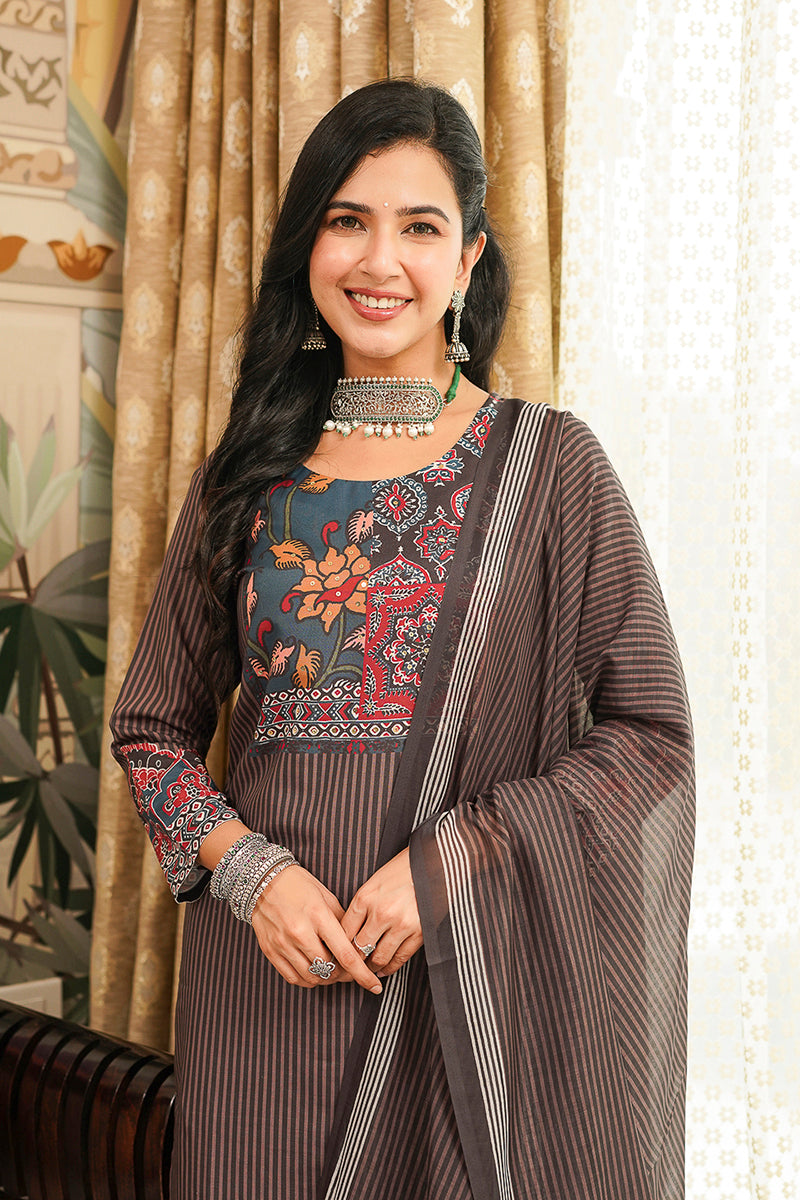 Brown Rayon Blend Ethnic Motifs Printed Straight Kurta Trousers With Dupatta PKSKD3072
