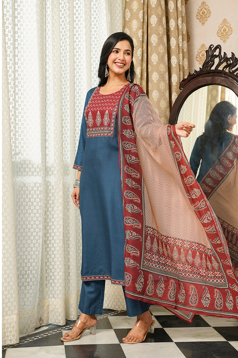 Blue Rayon Blend Ajrakh Printed Straight Kurta Trousers With Dupatta PKSKD3089