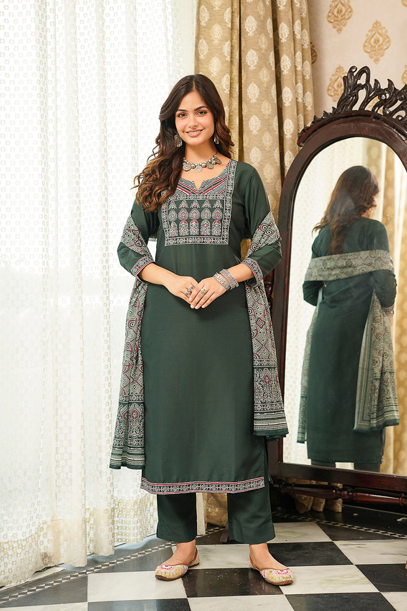Green Rayon Blend Ajrakh Printed Straight Kurta Trousers With Dupatta PKSKD3066