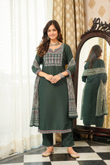 Green Cotton Blend Ajrakh Printed Straight Kurta Trousers With Dupatta PKSKD3066