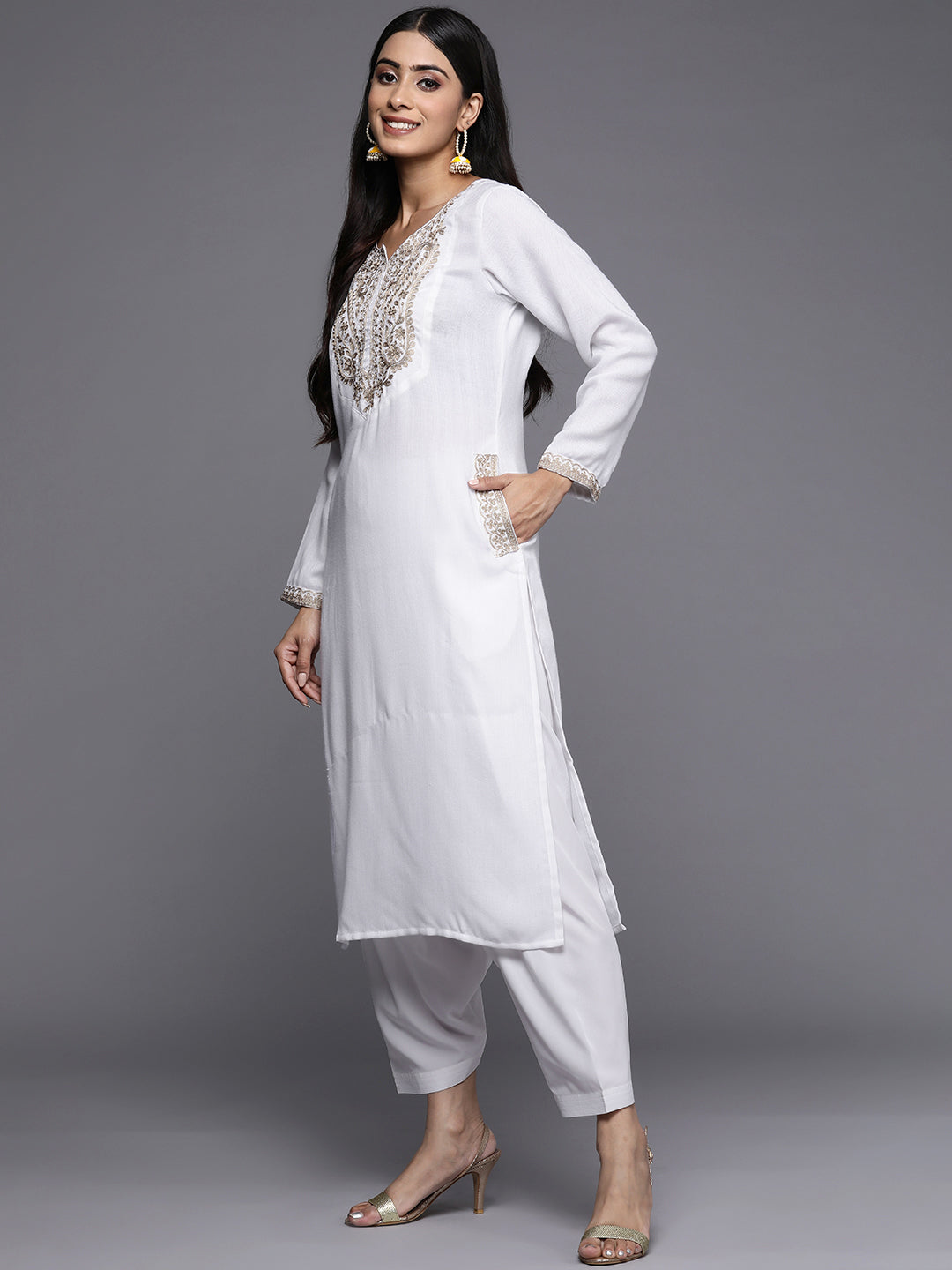 White Embroidered Kurta Set with Dupatta | Women's Kurta Sets