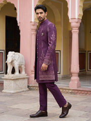 Men's Silk Blend Embroidered Indo-Western Set ( 50JIND 221Purple )