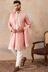 Peach Silk Blend Solid Embroidered Kurta With Dupatta MKUD1041