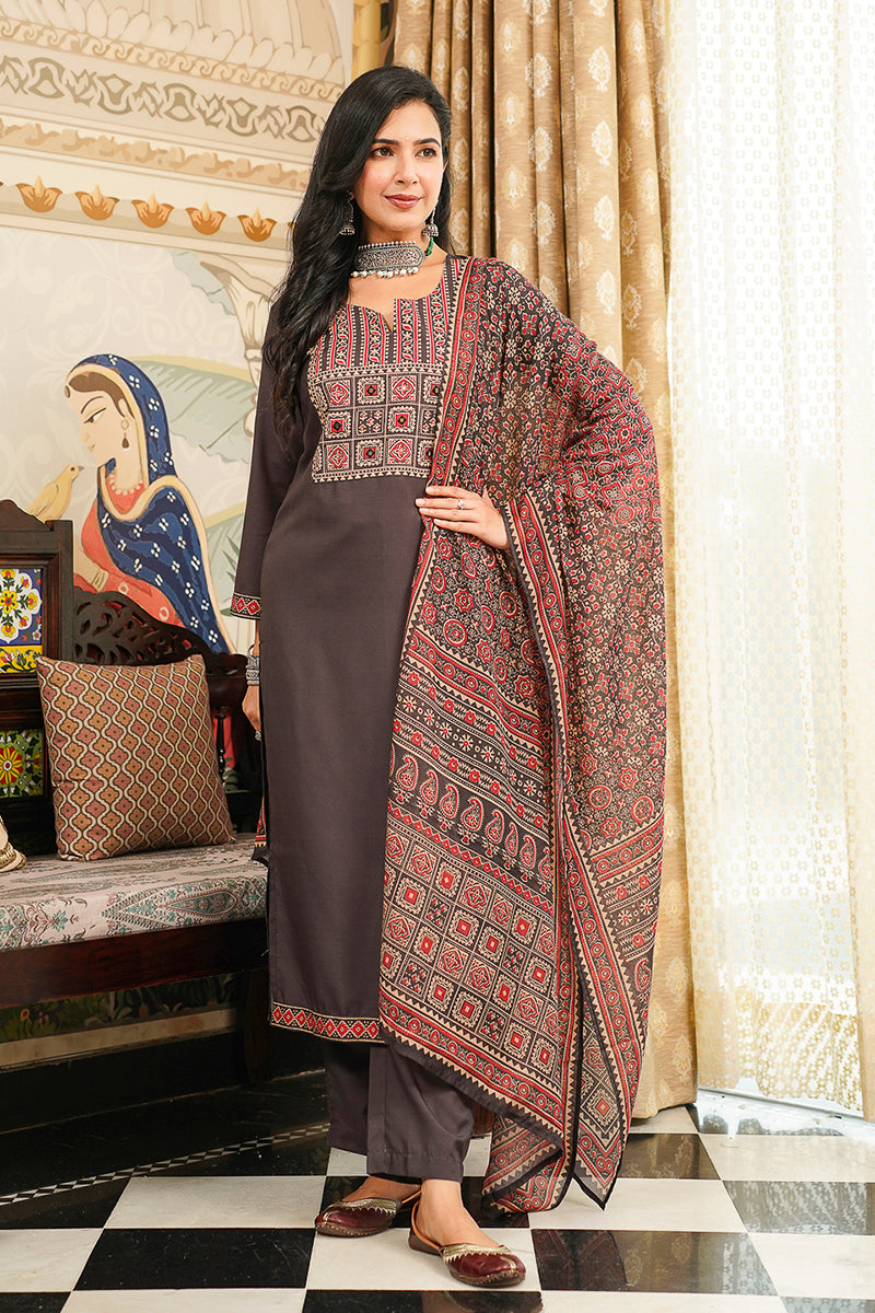 Black Rayon Blend Ajrakh Printed Straight Kurta Trousers With Dupatta PKSKD3065