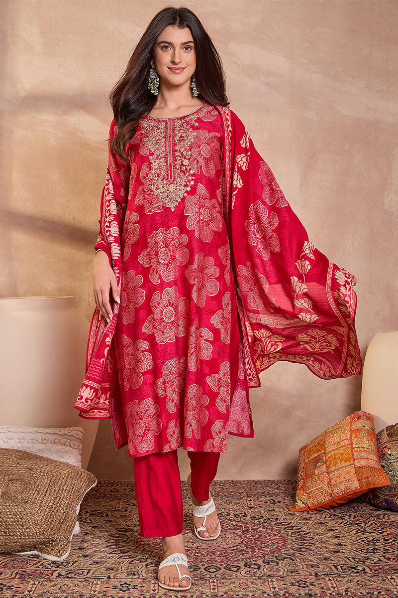 Pink  Floral Printed Straight Kurta Trouser With Dupatta VKSKD3208