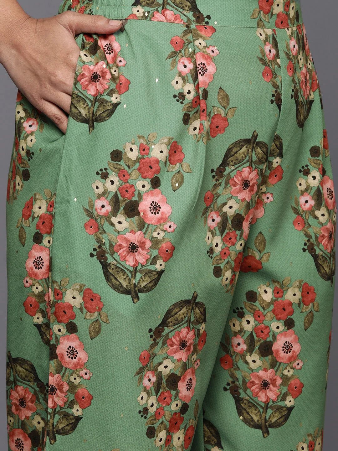 Plus Size Floral Sequined Kurta Palazzo Pants Set | Trendy