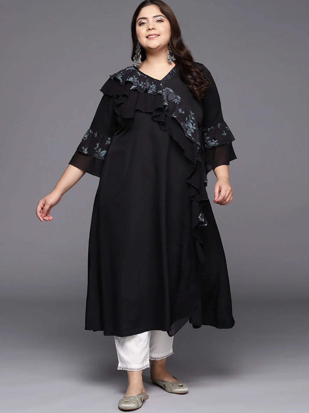 Black Floral Printed Plus Size Kurta-AP-AHKUGRGP-799