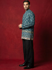 Men's Cotton Blend Printed Kurta with Korean Pants Set ( 65KP PJ11B 5593Teal ) [FF] [H-9]