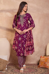 Purple Silk Blend Ethnic Motifs Printed Straight Kurta Trouser With Dupatta PKSKD3231