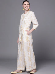Off White Printed Pure Cotton Jumpsuit with Waist Tie-ups-AHJSCOPG-972-FF